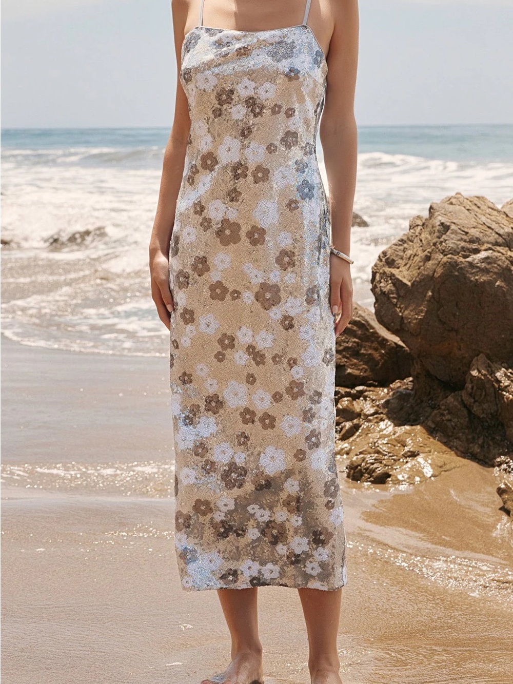 Sequin Floral Slip Dress Coverup in Beige and White